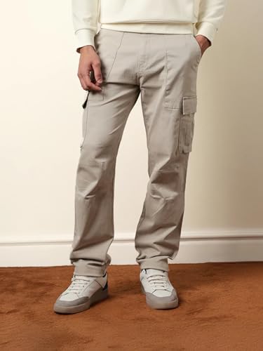 Image of Vogaan Men Solid Relaxed Fit Cotton Blend Cargo Trousers with Utility Pocket