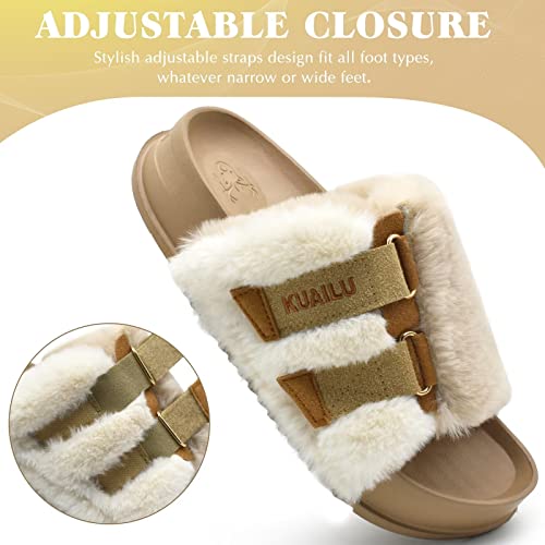 Kuailu Womens Slides Soft Cushion Faux Fur Sandals For Women Open Toe House Slipper With Arch Support Ladies Slip On Fuzzy Platform Slipper Indoor Outdoor,Beige Size 8 #TOP1