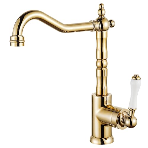 EGTink Robinet de Cuisine Antique,Mitigeur Robinet de Cuisine en Laiton,Robinetterie de Lavabo Salle de Bain,Rotatif à 360 °,Mitigeur Chaud et Froid (Or)