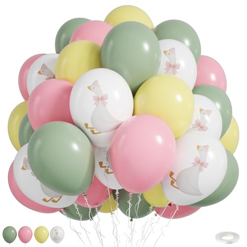 Image of Goose Balloons, 12 Inch Pink Green Yellow Goose Print Balloons for Farm Baby Shower Birthday Party Spring Supplies