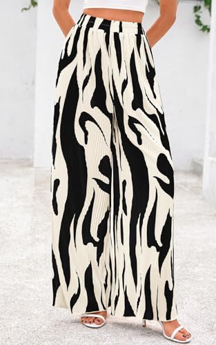 Image of PRETTYGARDEN Womens Pants Dressy Casual Wide Leg Graphic Print Lounge Pants Women Comfy High Waist Pleated Palazzo Pants