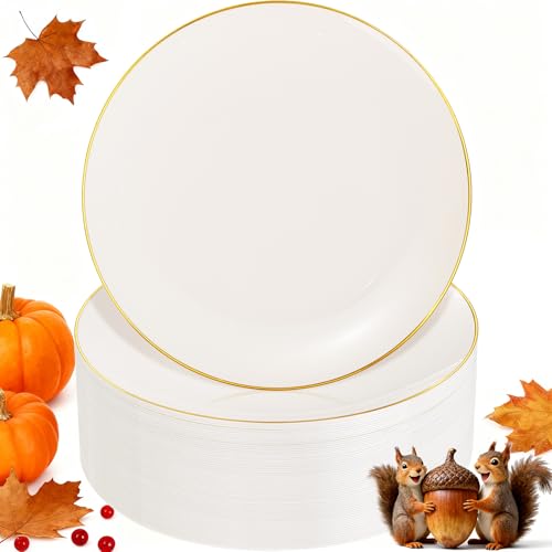 Nervure 100Pcs Ivory and Gold Plastic Plates - 10.25inch Disposable Ivory Dinner Plates - Heavy Duty Plastic Plate Ideal for Wedding & Party & Thanksgiving