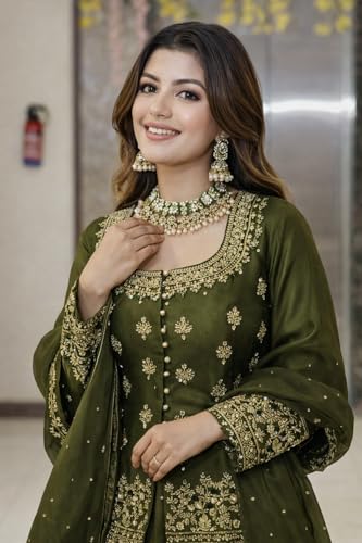 Image of Suppar Sleave Women's Chanderi Silk Embroidered Kurta Set with Lehenga Style Bottom & Dupatta | Bollywood Style Embroidery lehenga Choli Set For Woman