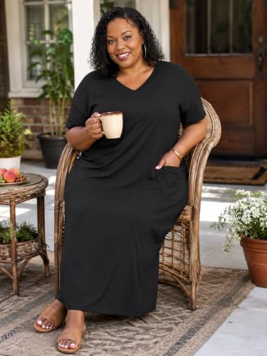 Image of Plus Size Maxi Dress for Women Short Sleeve V Neck Casual Loose Sundress with Pockets
