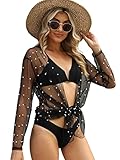 EDIMENS Bathing Suit Cover Ups for Women Long Sleeve Pearls Sheer Mesh Beach Cover Ups Swimwear Swimsuit Coverup for Women