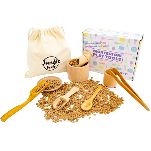 Jungle Feels Sensory Bin Tools, 8 Piece Wooden Set of Montessori Toys for Toddlers, Advances Fine Motor Skills & Accelerates Early Learning, Bonus Burlap Bag!