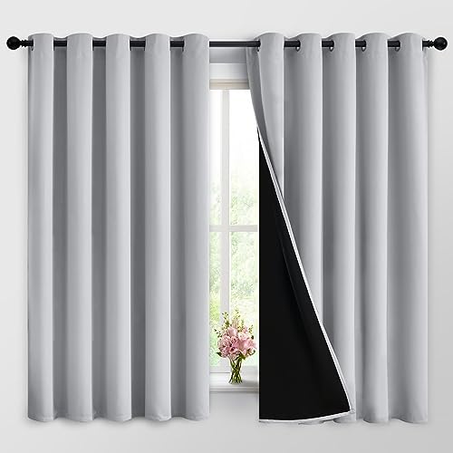 Image of Yakamok Light Grey 100% Blackout Curtains 63 Inches Long 62 inch Wide 2 Panel | Blackout Curtain Panels for Bedroom, 2 Thick Layers Grommet Top Thermal Insulated Drapes with Black Liner for Living Room