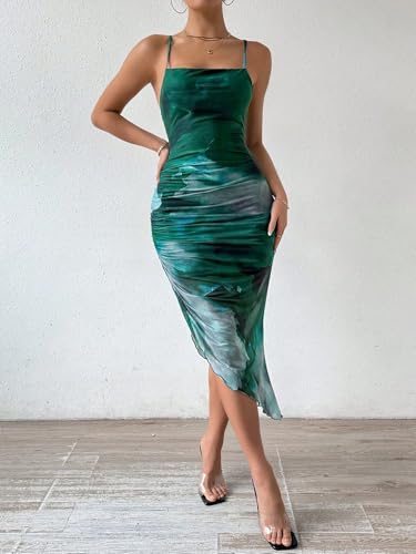 Image of LIGHT DOT Women's Spaghetti Strap Printed Bodycon Ruched Midi Cocktail Dress Sexy Cowl Neck Tie Dye