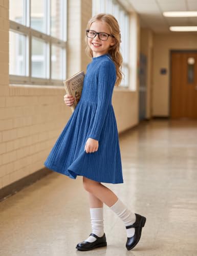 Image of Arshiner Girls Dresses Long Sleeve A Line Knit Sweater Dress with Pockets