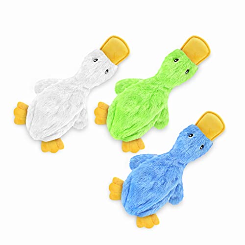 Image of Best Pet Supplies Crinkle Dog Toy for Small, Medium, and Large Breeds, Cute No Stuffing Duck with Soft Squeaker, Plush No Mess Chew and Play - White, Blue & Green,PT331-333-336