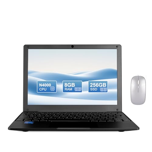 Fwmntu Mini computadora portátil con procesador Celeron (hasta 2.6 GHz), 8 GB de RAM, SSD de 256 GB, pantalla IPS HD, cuaderno educativo portátil para aprendizaje, trabajo de oficina (negro)