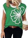 Dokotoo Women's Summer Sweaters Embroidered Floral Crochet Tops Crew Neck 2026 Casual T Shirts Spring Cap Sleeve Loose Knit Pullover Lightweight Color Blocked Tops Resort Wear,Dark Green Small