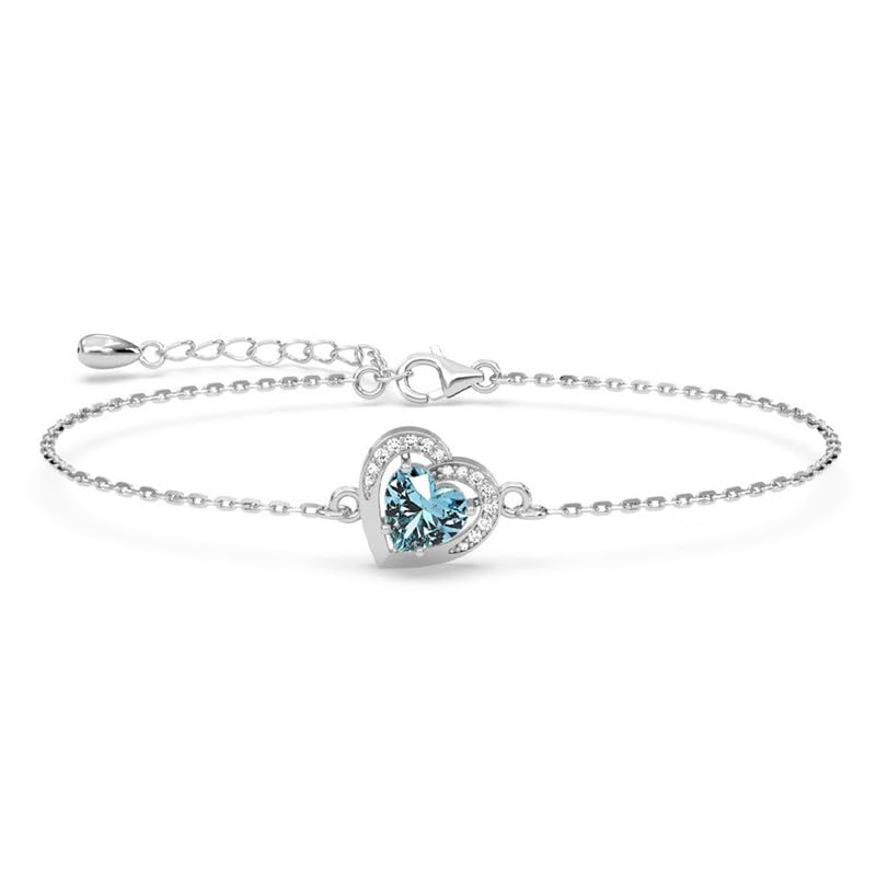 Clara 925 Sterling Silver Sky Blue Heart Bracelet | Adjustable, Platinum Plated, Swiss Zirconia | Gift for Women and Girls