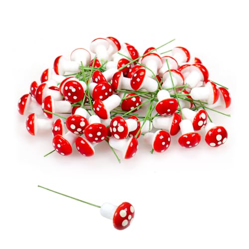 Patty Both 50 Pieces Mini Mushroom Miniatures Artificial Garden Fairy Bonsai Plant Pot Resin Craft Decoration for Home DIY Micro Landscape Decor (Red)