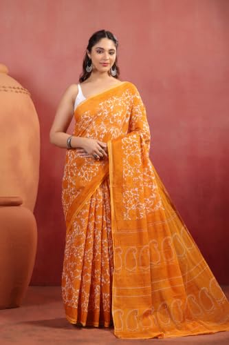 Image of TAMAIRA FASHION White Mulmul Pure Cotton Saree For Woman Floral Printed |Office Wear Daily Wear Sarees For Women Without Blouse Piece (Available in 16 Colours)