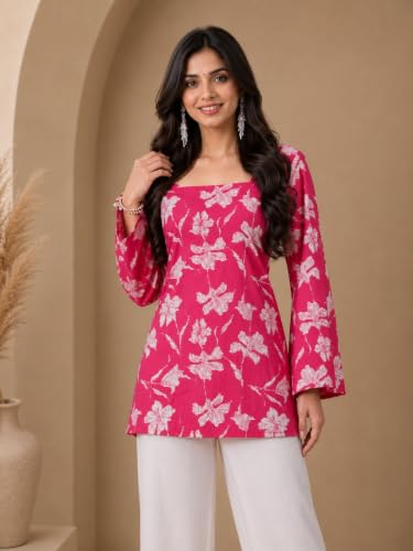 Image of Rayon Floral Print Short Kurti for Women | Square Neck Long Sleeve Top for Women | Criss Cross Back Desing Kurti | Soft Breathable Fabric | Relaxed Fit | Casual and Office Wear
