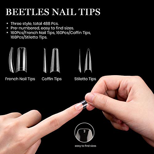 Beetles 3 Styles Acrylic Nail Tips - Artificial False Nails Clear Coffin Ballerina Stiletto Nail Tips For Acrylic Nail/Dip Powder Nails/Poly Nail Extension Gel Nail Art Diy Home, 488 Pcs #TOP17