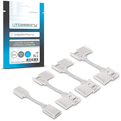 Litcessory Cut-End to Cut-End Extension Connector for Philips Hue Lightstrip Plus (50mm, 4 Pack, White - Micro 6-PIN V4) Cover