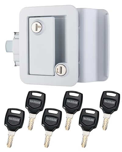 Image of RV Camper Door Lock Latch Deadbolt Lock Entry Side Door Lock with Handle for Travel Trailer 5th Wheel Universal Security RV Compartment Side Door Latch, White, Pack of 1 Lock+ 6 Keys Alike