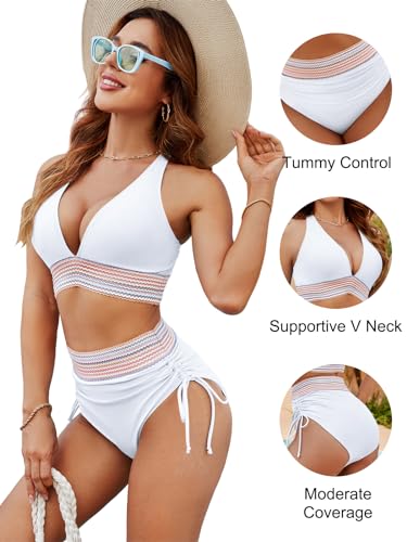 Image of Blooming Jelly Women High Waisted Bikini Sets Tummy Control Swimsuits Color Block Two Piece Drawstring Bathing Suit