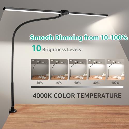 Image of ShineTech LED Desk Lamp for Home Office, 4000K Neutral White Double Head Architect Task Lamps with Clamp, Dimmable Adjustable Flexible,Black