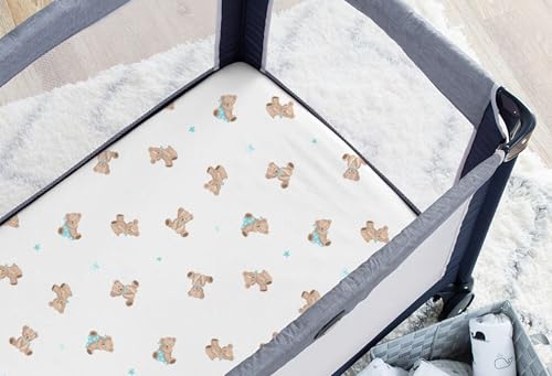 Image of American Baby Company 2 Pack 100% Natural Cotton Fitted Pack and Play Sheets 39 inch x 27 inch - Soft & Breathable Pack N Play Sheets for Playard & Mini Crib Mattress, Bear and White, for Boys & Girls