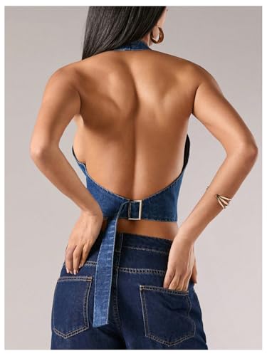 SweatyRocks Women's Bow Backless Denim Halter Top Tie Front Sleeveless Crop Tank Tops2