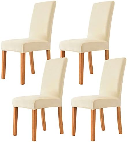 JHLD Dining Chair Covers, Velvet Chair Slipcover Stretch Chair Protector Chair Covers for Dining Room Chair Seat Covers Machine Washable for Living Room Bedroom-Beige-Set of 4