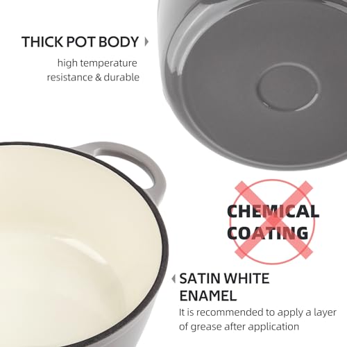 Image of 3 Quart Dutch Oven Enameled Cast Iron with Lid - Big Dual Handles - Oven Safe up to 500F - Classic Round Pot for Versatile Cooking Light Gray