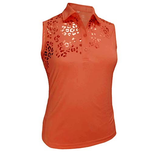 Monterey Club Women's Leopard Foil Print Polo Sleeveless #2395 (Salmon Pink, Medium) #TOP14
