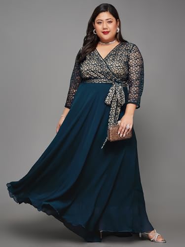 Image of Miss Chase A+ Women's Floral Printed Relaxed Fit V -Neck 3 /4Th Sleeve Georgette Maxi Dress