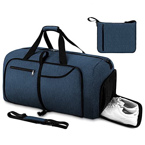 Duffel Bags for Traveling 65L Foldable Overnight Weekender for Men Women Waterproof Sports Duffle Bag with Shoes Compartment, BLUE