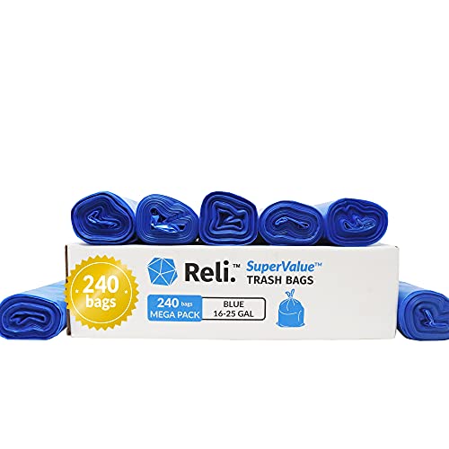 Reli. SuperValue 16-25 Gallon Recycling Bags (240 Count, Bulk), Blue Trash Bags 30 Gallon Strength (16 Gal - 20 Gal - 30 Gal Capacity), Bulk