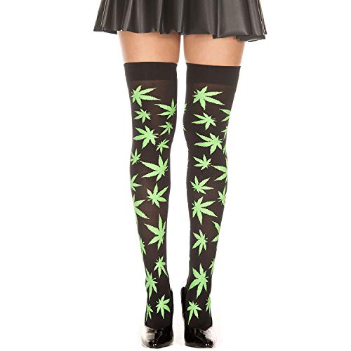 MUSIC LEGS Women's Leaf Print Thigh High, Black/Green, One Size MUSIC LEGS Women's Leaf Print Thigh High, Black/Green, One Size
