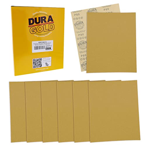 Dura-Gold Premium 9" X 11" Gold Sandpaper Sheets, 80 Grit (Box Of 8) - Wood Furniture Woodworking, Automotive Paint - Full-Size Cut To Use On 1/4, 1/3, 1/2 Sheet Finishing Sanders, Hand Sanding Block #TOP27