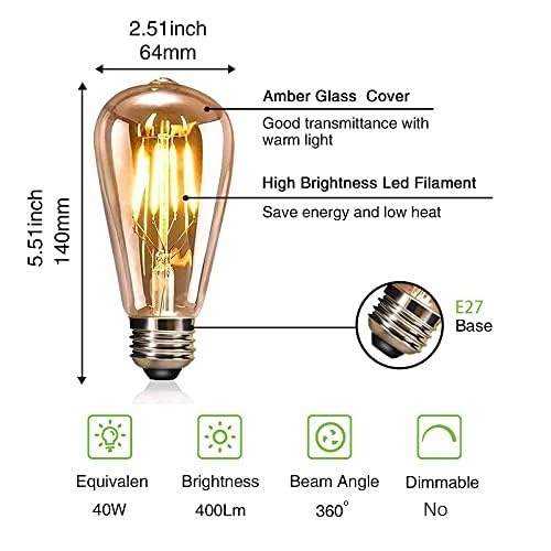 YOUDIAN LED Edison Bulb, Vintage Light Bulb, 4W E27 2700K ST64 LED Bulbs, Led Filament Bulbs, Antique Style Retro Amber Glass Screw Lamp 220V (6 Packs) - Image 2