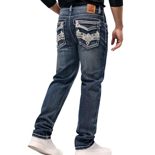 Mens Jeans - Embroidery Washed Crackle Design Jeans Relaxed Fit Stretch Casual Jeans Comfortable Classic Fit Jeans (US Waist 34 Regular Blue)