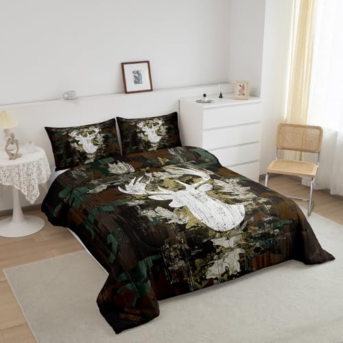 Image of Feelyou Kids Camo Deer Bedding Set King Size, Deer Hunting Comforter Set Green Camo Comforter for Boys Girls Antlers Duvet Insert Microfiber Bed Set