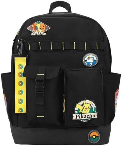 Mochila preta de 48 cm com adesivos de personagens Pokémon