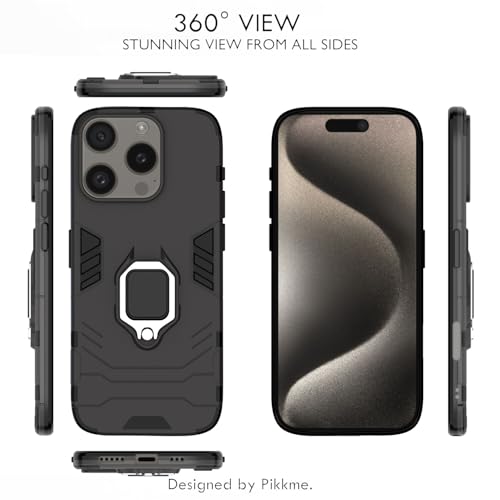 Image of Pikkme Back Cover for iPhone 16 Pro | 360 Protection | Ring Holder | Kickstand | Tough Armor Case (Black)