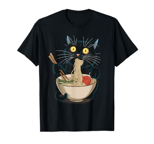 Funny Japanese Cat Eating Ramen Vintage Japanese Noodles T-Shirt