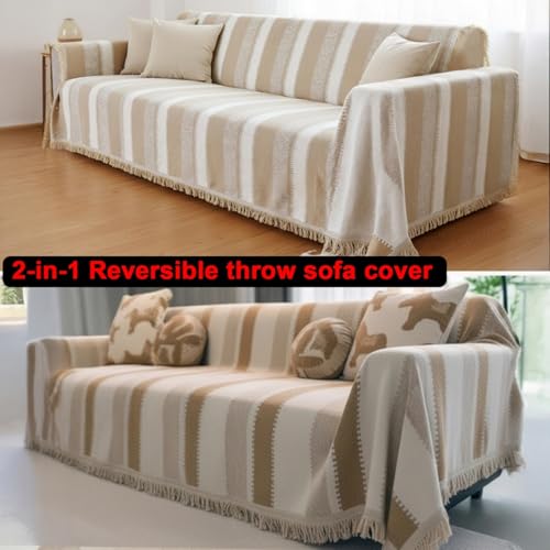 Image of The Furnishing Tree Reversible Double Sided Chenille Throw Sofa Cover, Anti-Slip Couch Cover, Comfy Sofa Towel for All Seasons, 3 Seater, Beige and Cream with Light Brown stripes