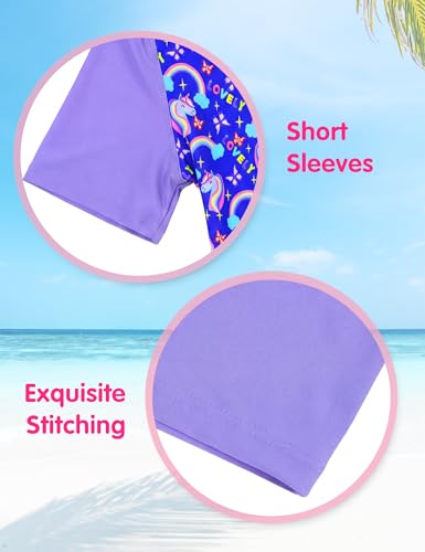 Image of Girls Swimsuit Colorful Short Sleeve Bathing Suits UPF 50+ Rash Guard Set Two Piece Summer Swimwear