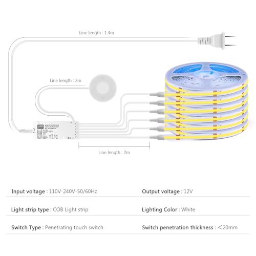 Image of Under Cabinet LED Lighting kit, 6 PCS 6500K White LED Strip Lights Penetrable Wood Touch Dimmable COB LED Strip with 60W Adapter for Kitchen Cabinet,Counter,Shelf,TV Back,Showcase
