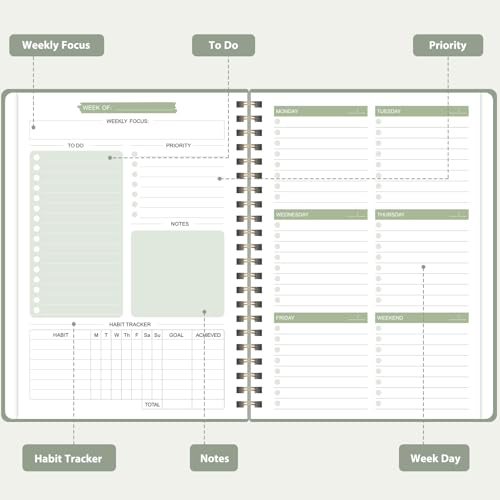 Undated Weekly Planner, Weekly To Do List Notebook with Goal, Organizer & Habit Tracker, A5 Daily Planner with Spiral Binding, Ideal for Office School Suppies - Image 3