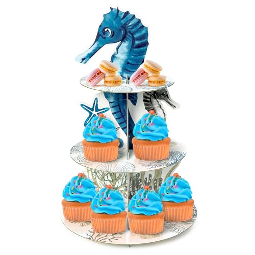 ANGOLIO Blue Coastal Cupcake Stand -3 Tier Summer Holiday Party Cardboard Cupcake Holder Decoration Beach Seashell Dessert Tower Party Favor Supplie for Ocean Theme Baby Shower Nautical Kids Birthday