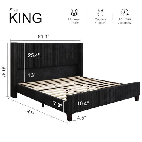 HOWE King Size Upholstered Bed Frame, Wingback Platform Bed with 50.8\" Headboard, Corduroy/Solid Wood Leg/No Box Spring Needed/Noise Free/Black
