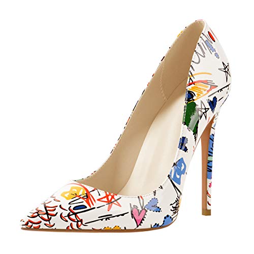 Image of Richealnana Women's Classic High Heels Slip On Pointed Toe Pumps Sexy Slim Heels Party Dress Working Shoes Faux Patent Leather Graffiti Size 9