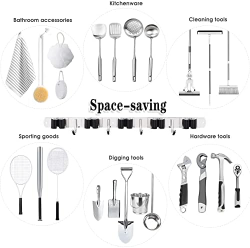 5 Racks and 4 Hooks Mop and Broom Holder Wall Mount, Broom Organizer Storage Tool Racks Stainless Steel Heavy Duty Hooks Self Adhesive Solid Non-slip for Home Kitchen Garden Laundry Garage - 3
