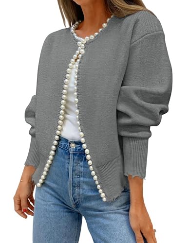 XIAOKS Women's Open Front Cardigan Sweater Casual Knitted Long Sleeve Pearls Trim Outerwear Coat Trendy Clothes(Grey,L)